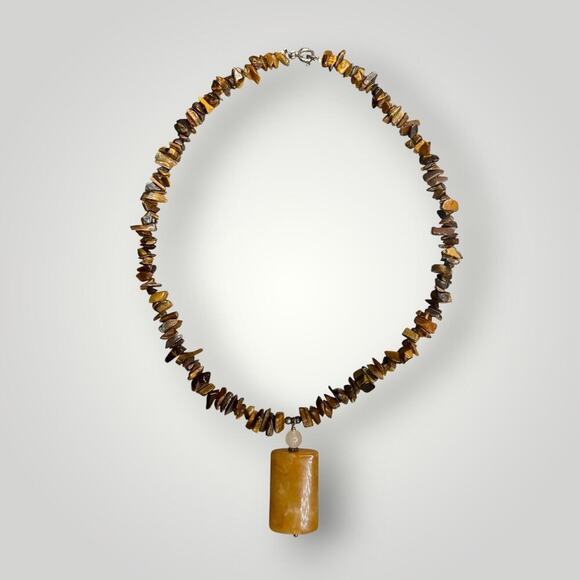 Jewelry - Vintage Tiger Eye Gemstone Chip Necklace Sterling Silver 925 Yellow Jade Pendant